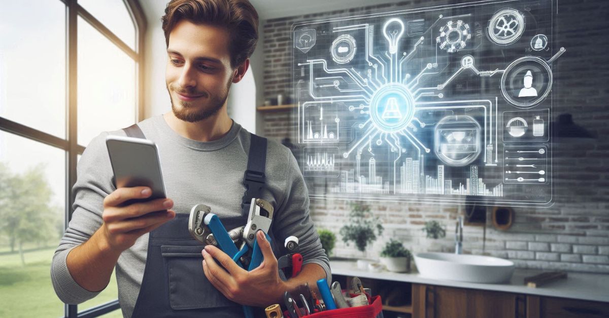 plumber using job software Job management software on a plumbers mobile phone